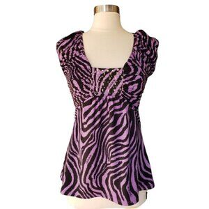 Fabulosity Designer Top M Purple Black Studded Zebra Ruched Slvs Y2K Edgy Glam